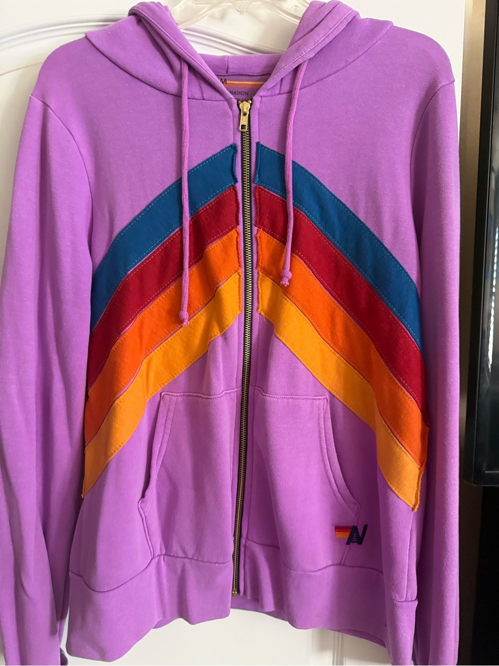 Aviator Nation Purple Zip-Up Hoodie with Blue, Red & Orange Chevron